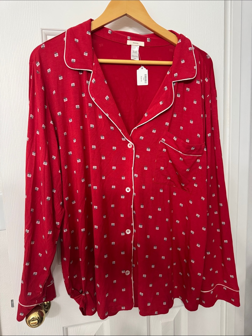 Eberjey Red Button-Front Long Sleeve Pajama Top with White Piping